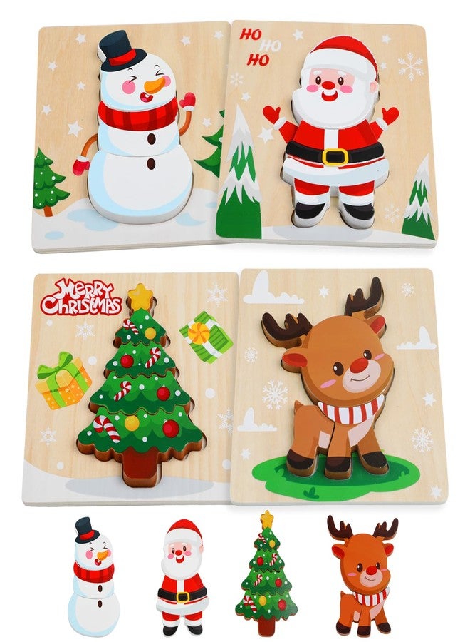 FOIMAS Christmas Wooden Puzzles for Toddler,4 Pack Santa Snowman Reindeer Wooden Puzzle for Kids Christmas Stocking Stuffer Gift Bag Filler Xmas Party Favor Supply - Image 1